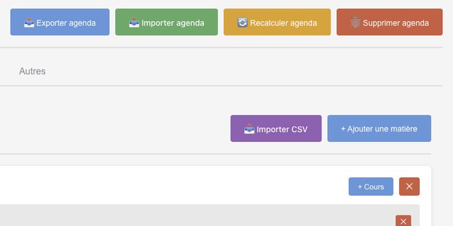 Boutons d'export, d'import et d'import CSV de l'agenda
